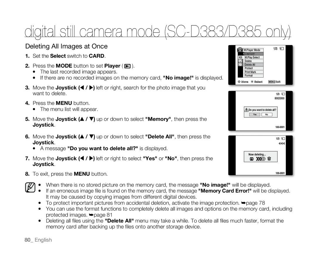 Samsung SC-D381 user manual Deleting All Images at Once, Message Do you want to delete all? is displayed 