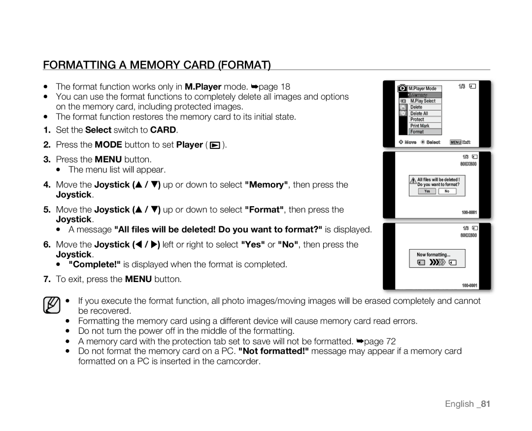 Samsung SC-D381 user manual Formatting a Memory Card format 