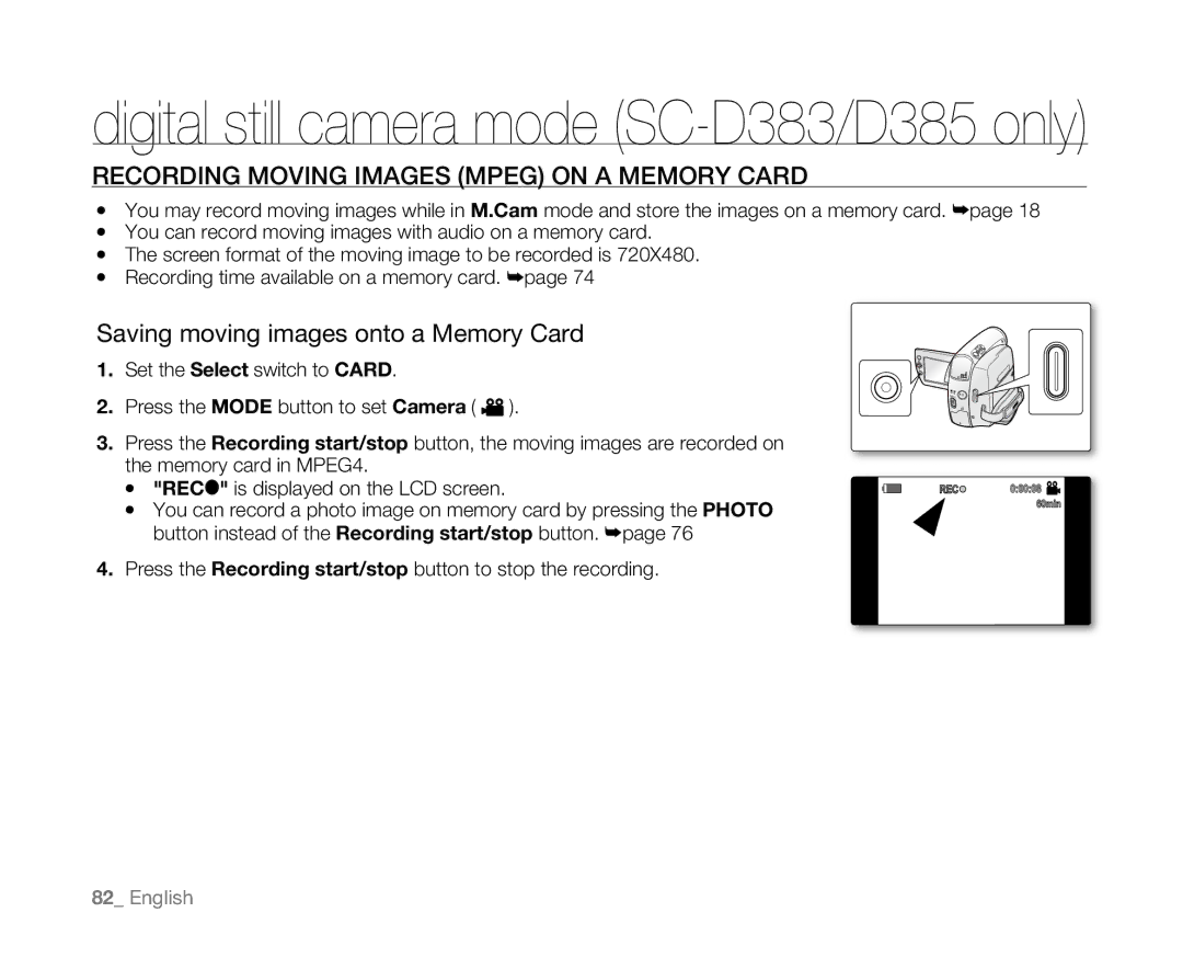 Samsung SC-D381 user manual Recording Moving Images Mpeg on a Memory Card, Saving moving images onto a Memory Card 