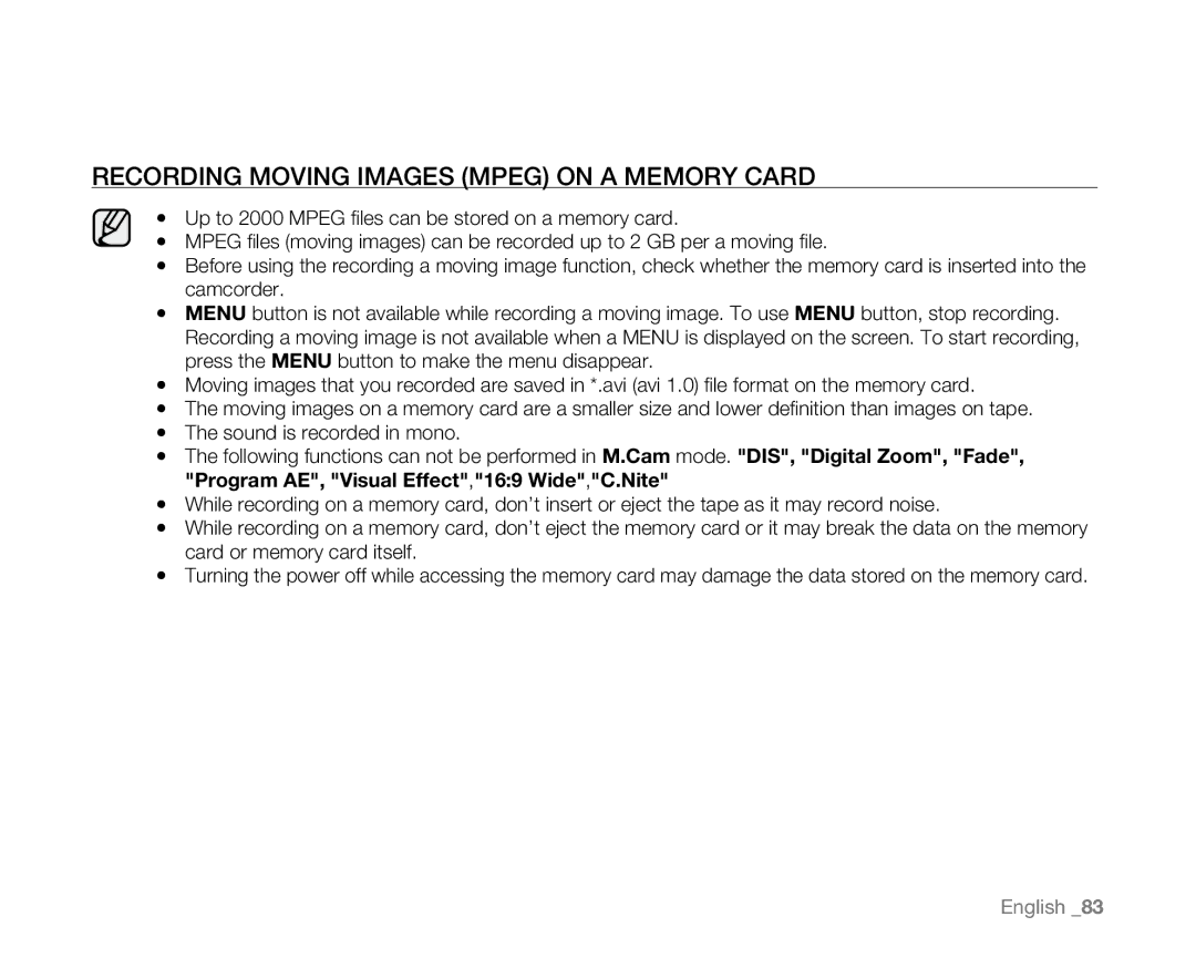 Samsung SC-D381 user manual Recording Moving Images Mpeg on a Memory Card 