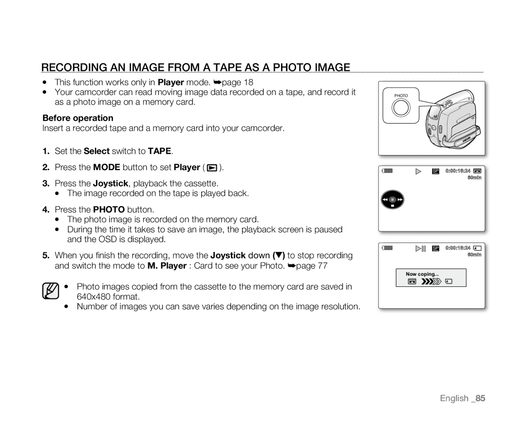 Samsung SC-D381 user manual Recording AN Image from a Tape AS a Photo Image, Before operation 