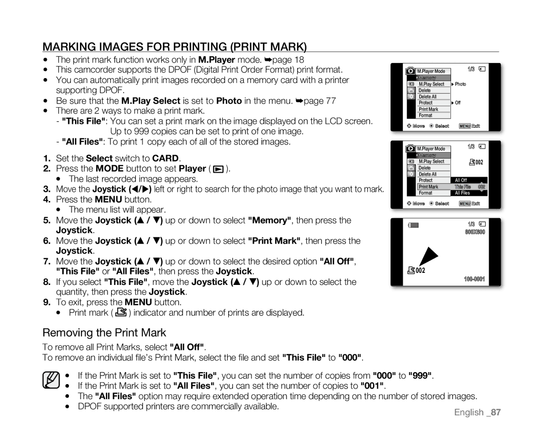 Samsung SC-D381 user manual Marking Images for Printing Print Mark, Removing the Print Mark 