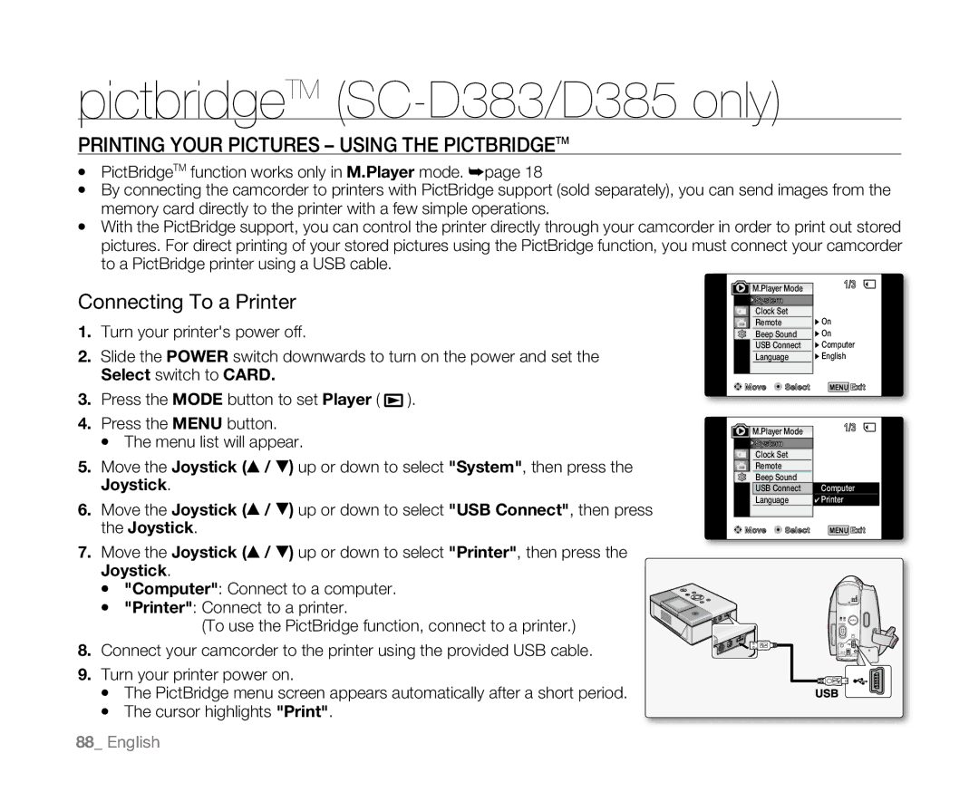 Samsung SC-D381 Printing Your Pictures Using the PictBridgeTM, Connecting To a Printer, Turn your printers power off 