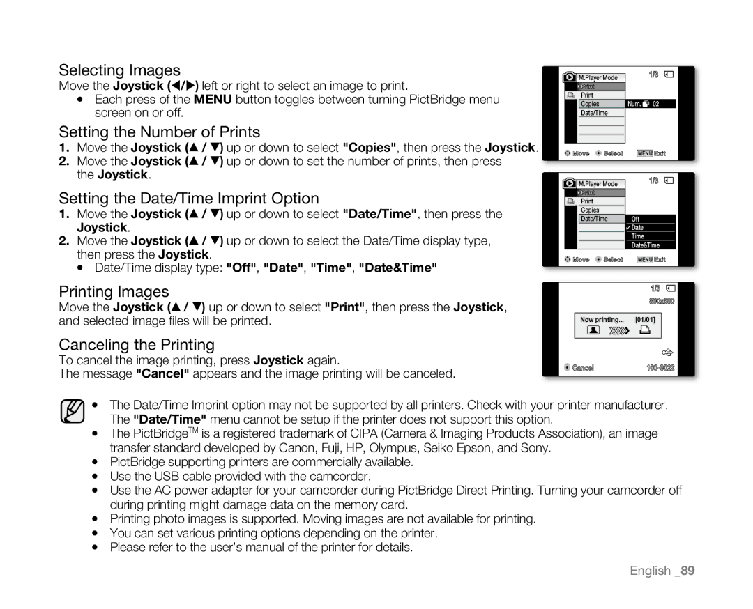 Samsung SC-D381 Selecting Images, Setting the Number of Prints, Setting the Date/Time Imprint Option, Printing Images 