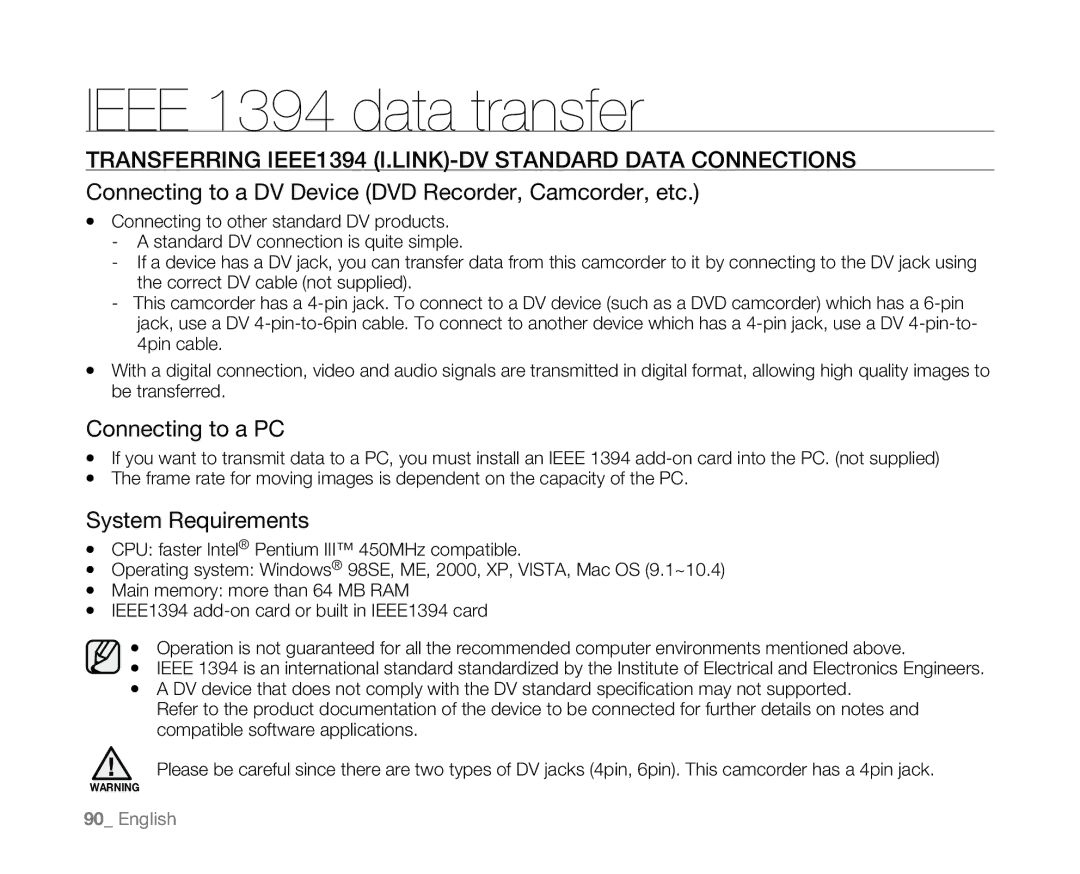 Samsung SC-D381 user manual Ieee 1394 data transfer, Connecting to a PC, System Requirements 