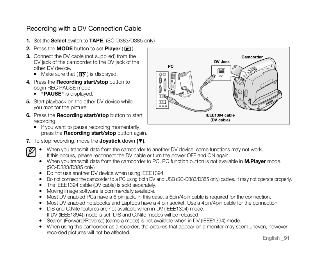 Samsung SC-D381 user manual Recording with a DV Connection Cable, Press the Recording start/stop button to start recording 