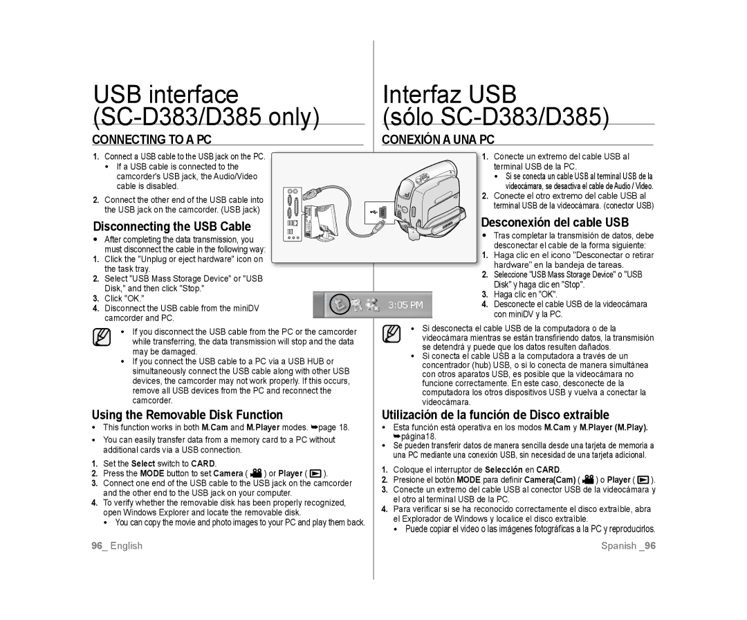 Samsung SC-D385, SC-D383 user manual Conexión a UNA PC, Disconnecting the USB Cable, Desconexión del cable USB 