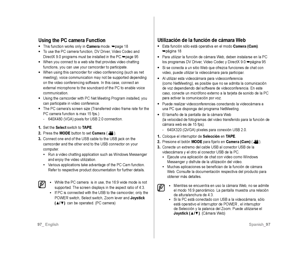 Samsung SC-D383, SC-D385 user manual Using the PC camera Function, Utilización de la función de cámara Web 