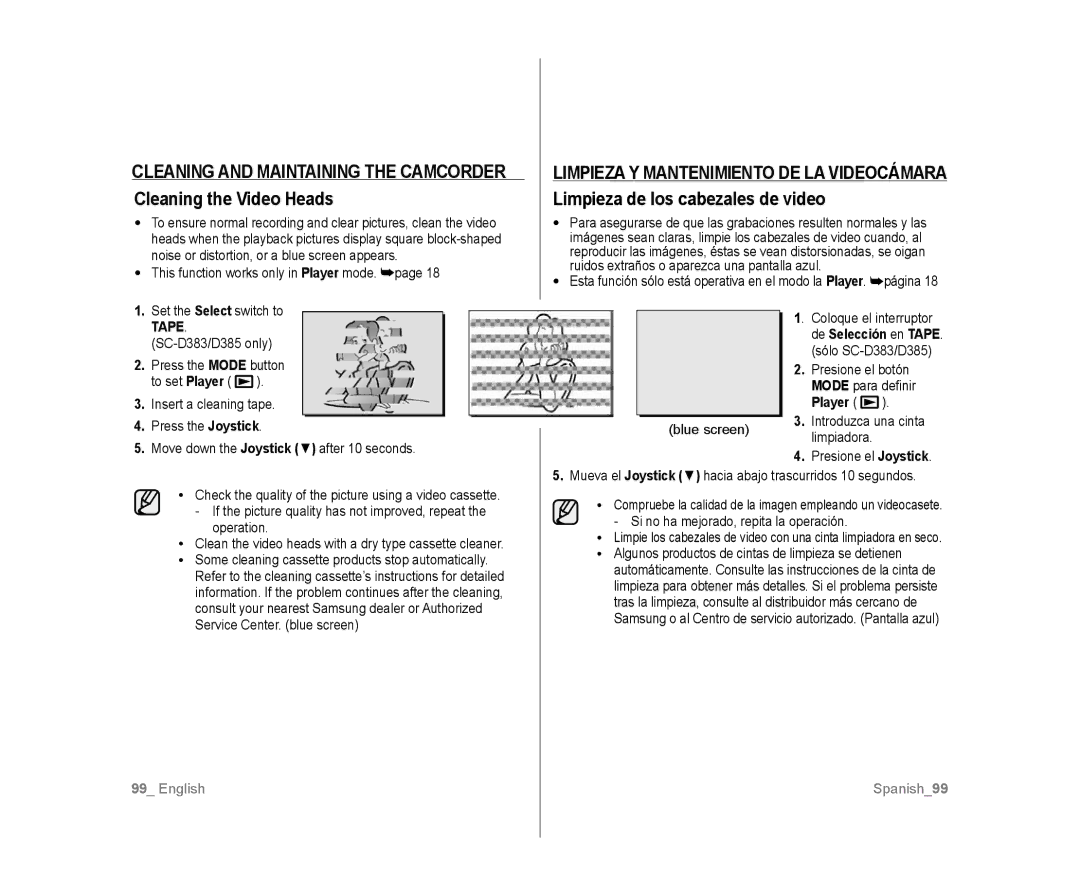 Samsung SC-D383, SC-D385 user manual Mode para definir, Blue screen Introduzca una cinta, De Selección en Tape 