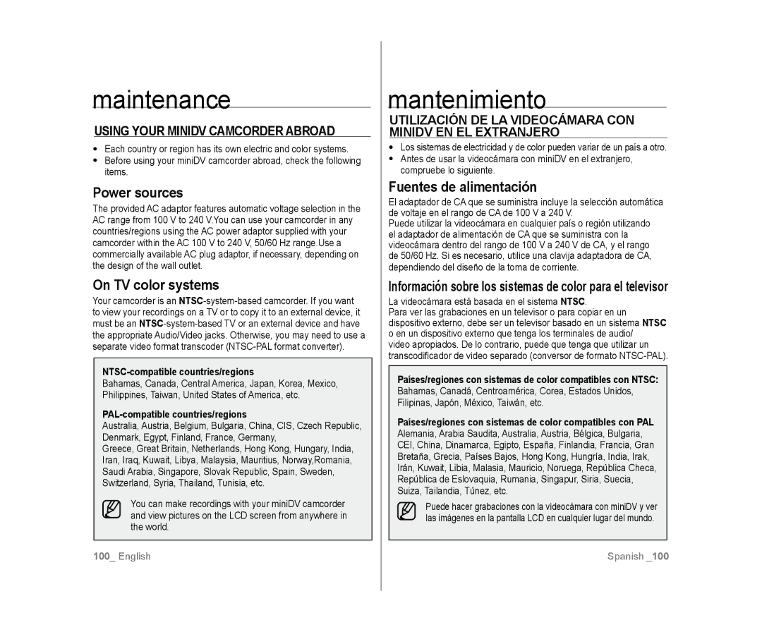 Samsung SC-D385, SC-D383 user manual Maintenance, Mantenimiento, Using Your Minidv Camcorder Abroad 