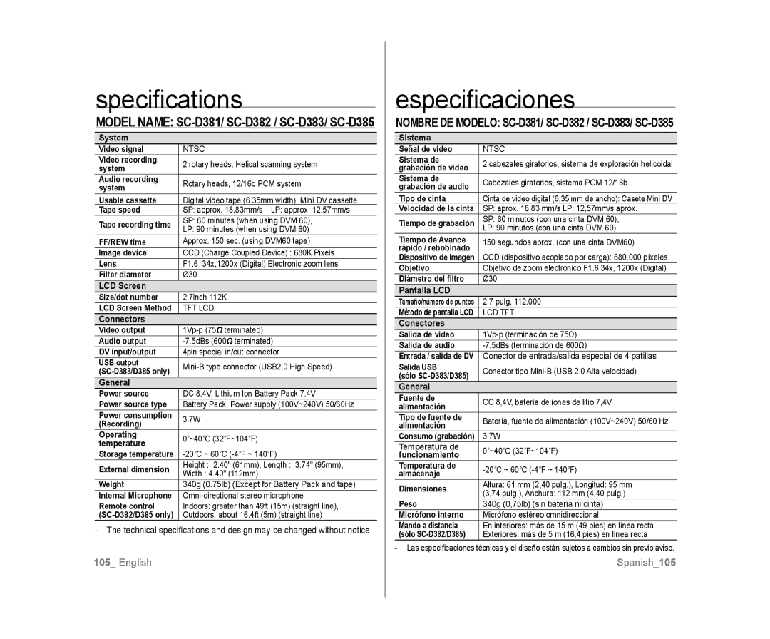 Samsung user manual Specifications, Especificaciones, Model Name SC-D381/ SC-D382 / SC-D383/ SC-D385 