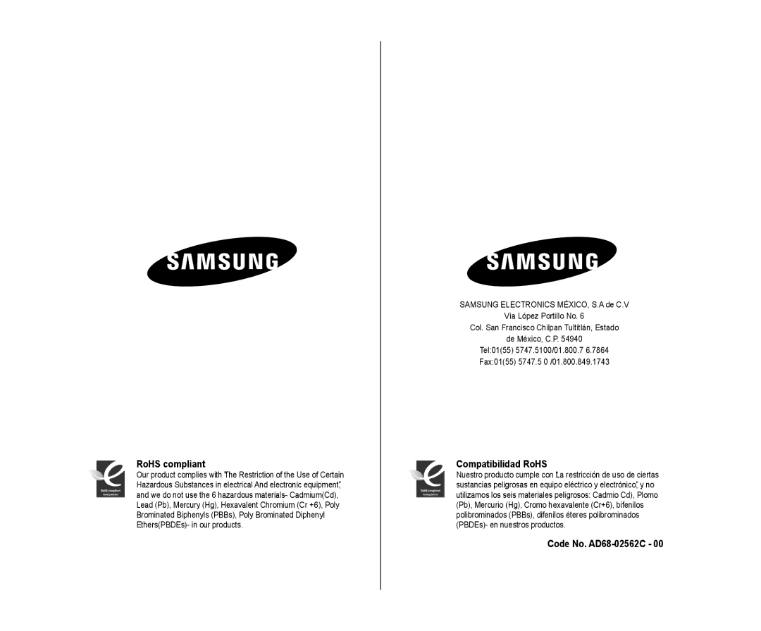 Samsung SC-D383, SC-D385 user manual RoHS compliant, Compatibilidad RoHS, Code No. AD68-02562C 