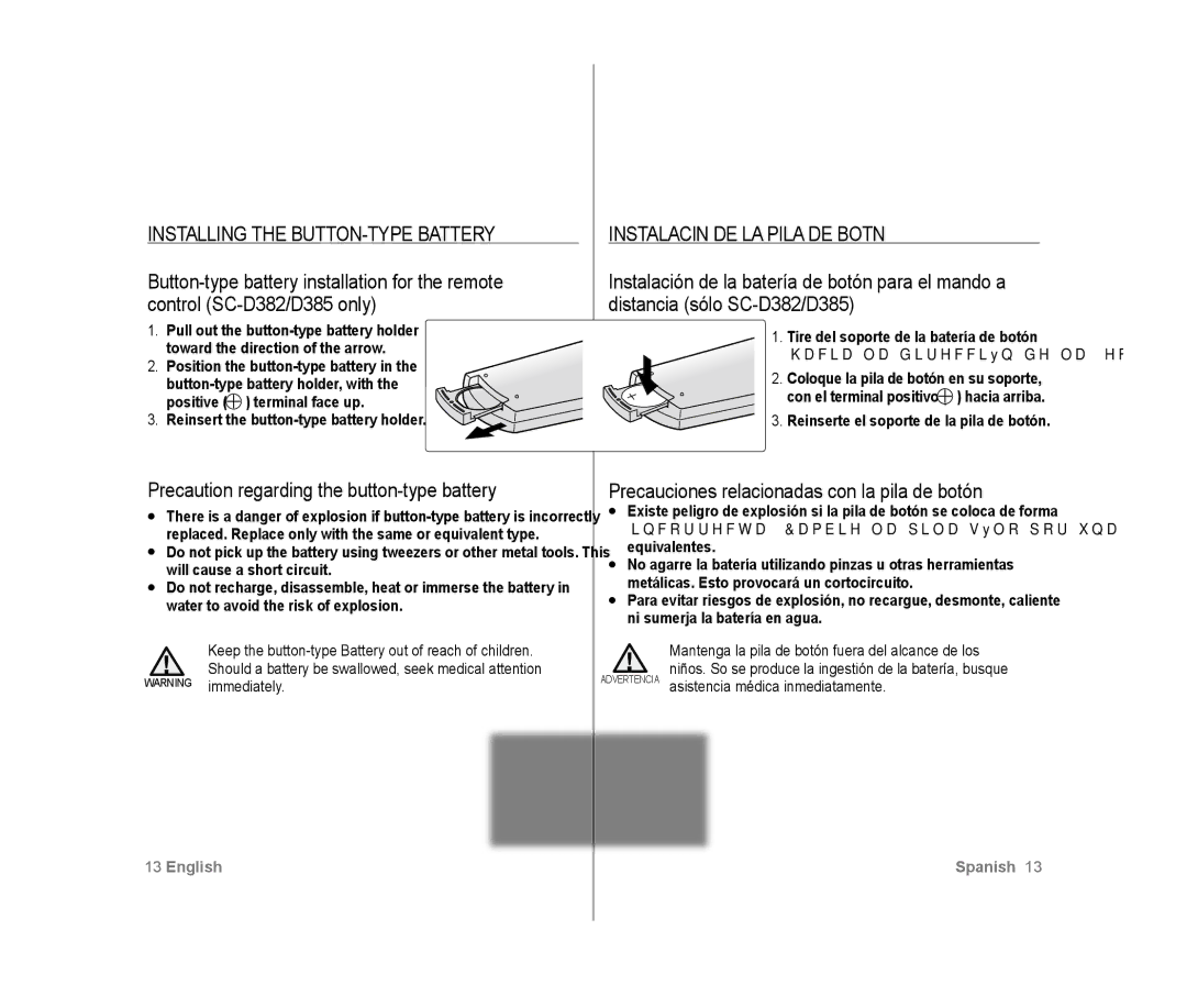 Samsung SC-D383, SC-D385 user manual Installing the BUTTON-TYPE Battery, Precaution regarding the button-type battery 