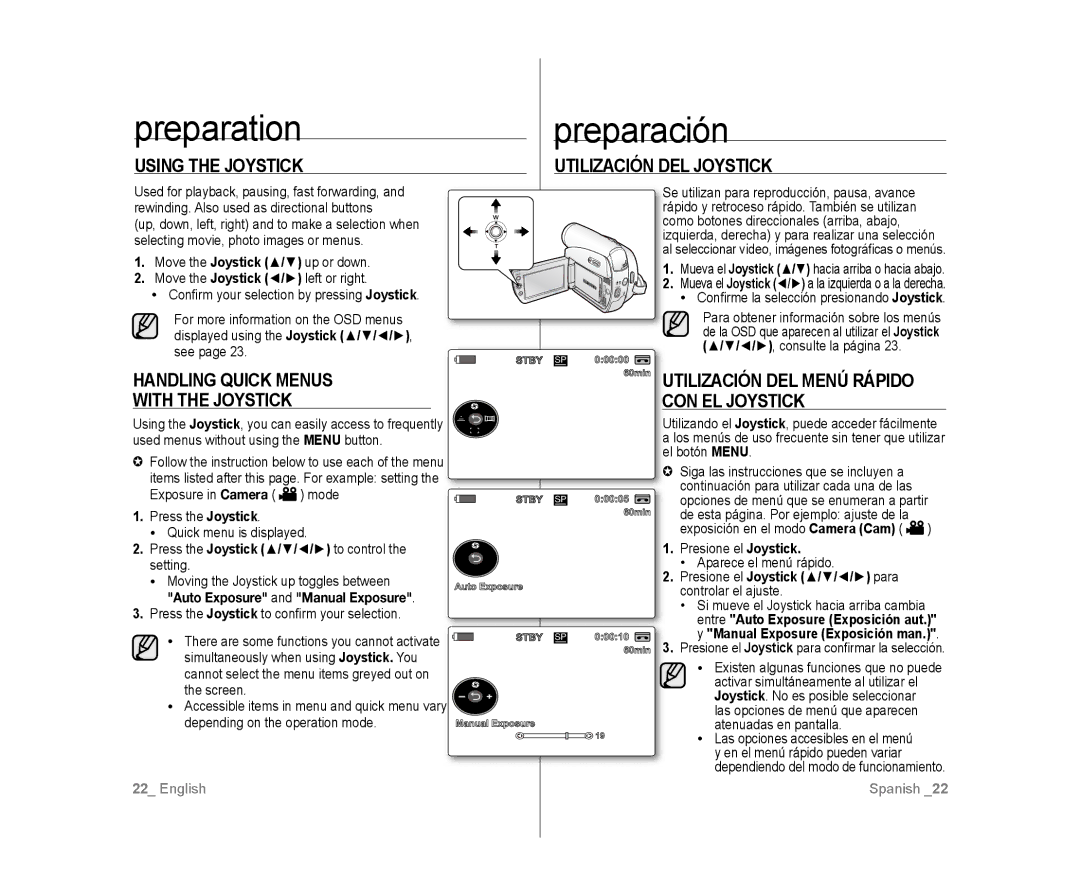 Samsung SC-D385, SC-D383 user manual Using the Joystick, Utilización DEL Joystick, Handling Quick Menus With the Joystick 