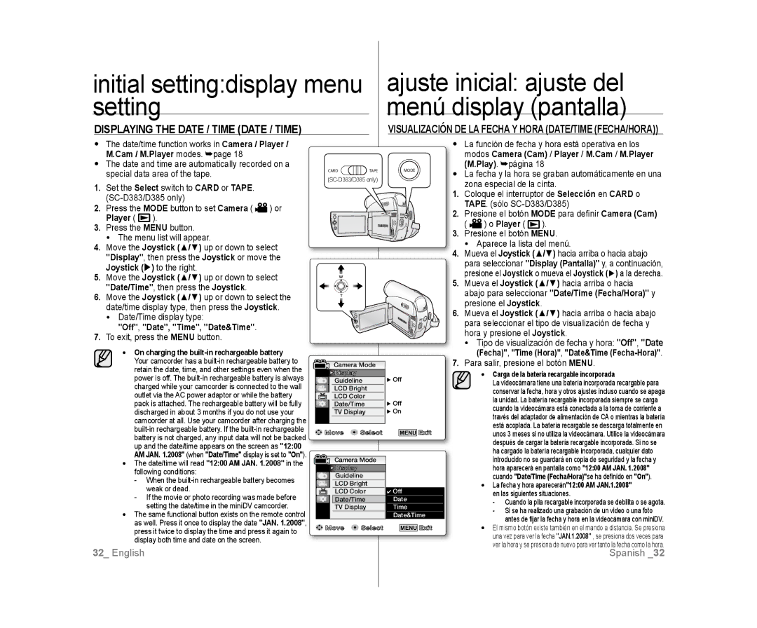 Samsung SC-D385, SC-D383 user manual Setting Menú display pantalla, Displaying the Date / Time Date / Time 