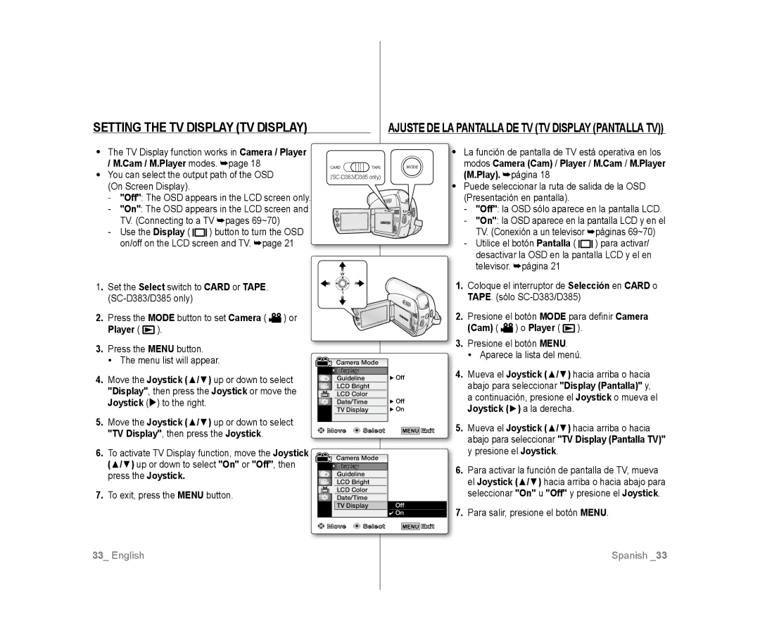 Samsung SC-D383, SC-D385 Setting the TV Display TV Display, You can select the output path of the OSD On Screen Display 