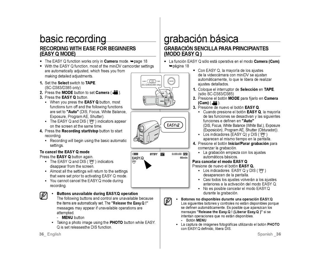 Samsung SC-D385, SC-D383 user manual Basic recording Grabación básica, Modo Easy Q 