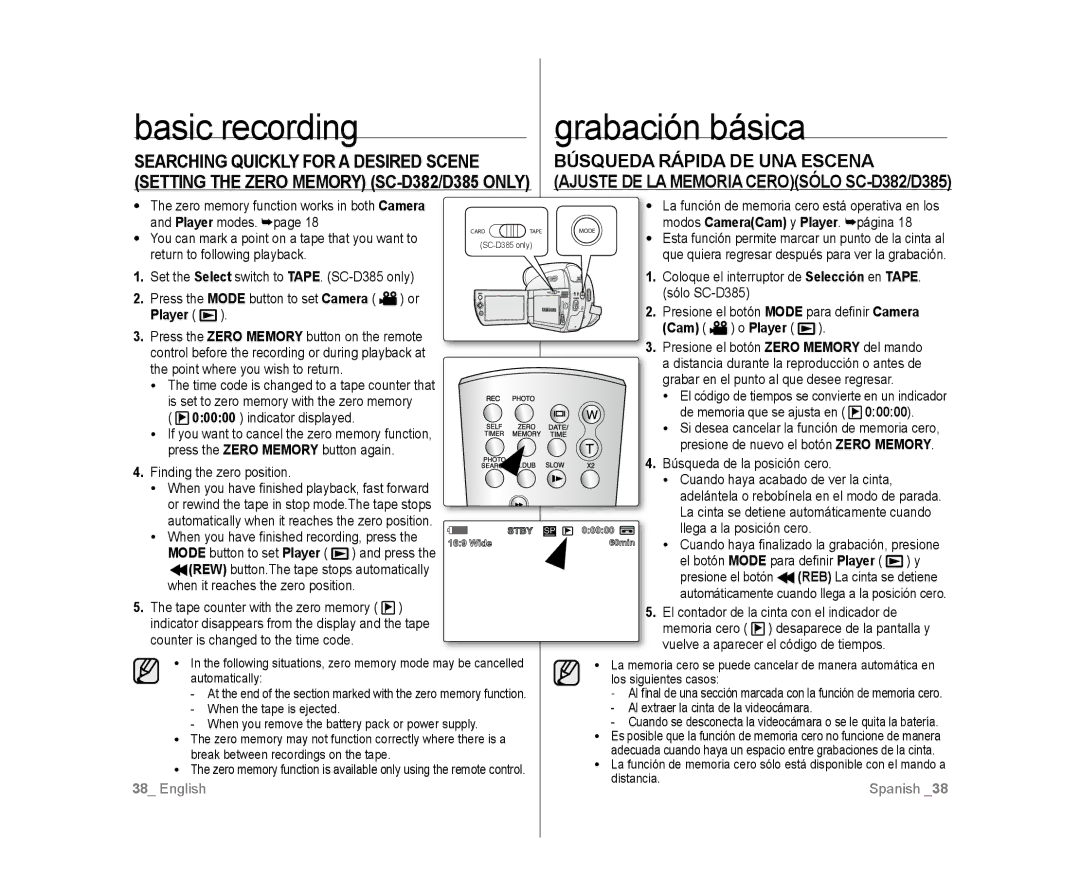 Samsung SC-D385, SC-D383 user manual Setting the Zero Memory SC-D382/D385 only, Ajuste DE LA Memoria Cerosólo SC-D382/D385 