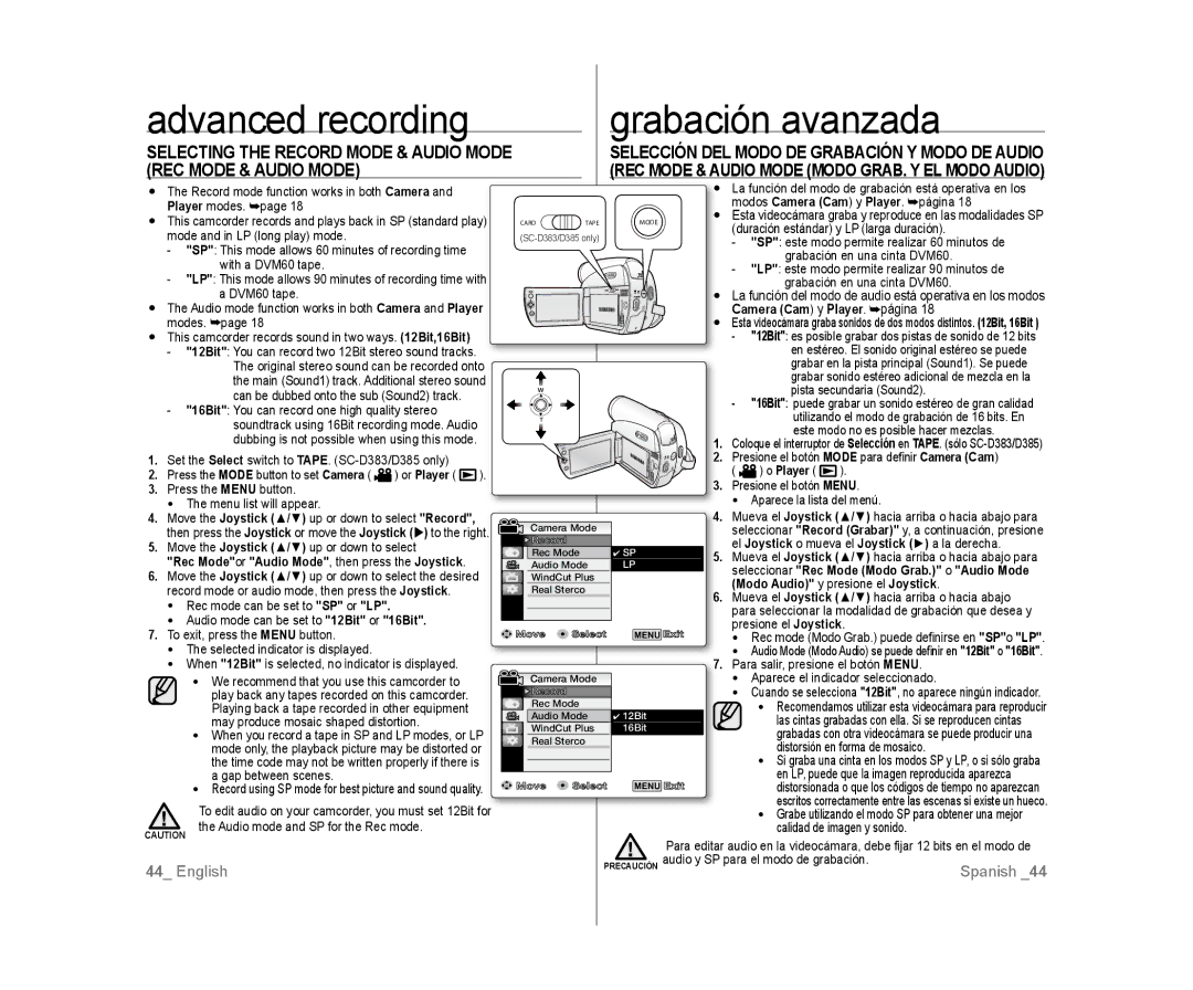 Samsung SC-D385, SC-D383 user manual Grabación avanzada, REC Mode & Audio Mode, Selecting the Record Mode & Audio Mode 