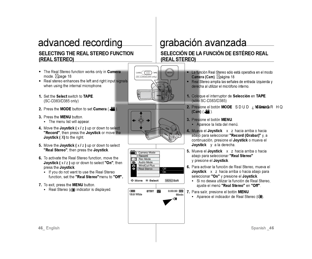 Samsung SC-D385, SC-D383 user manual Advanced recording, Cam Presione el botón Menu Aparece la lista del menú 