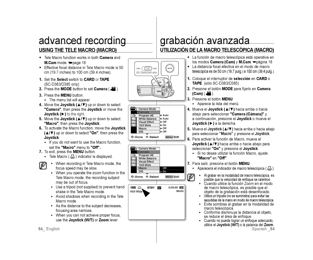 Samsung SC-D385, SC-D383 user manual Advanced recording Grabación avanzada, Using the Tele Macro Macro, Macro en Off 