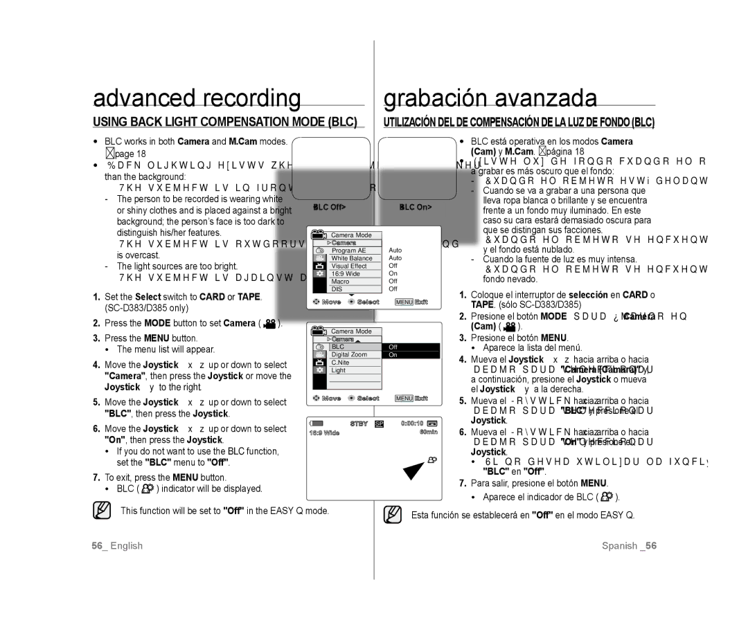 Samsung SC-D385, SC-D383 user manual Using Back Light Compensation Mode BLC, BLC en Off 