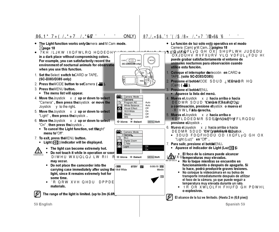 Samsung SC-D383, SC-D385 user manual Light Luz en Off 