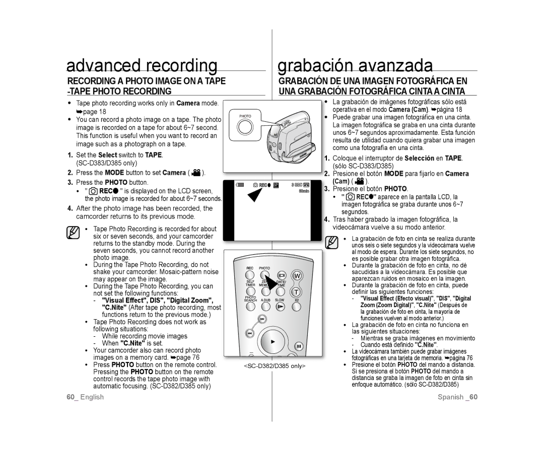 Samsung SC-D385 Recording a Photo Image on a Tape -TAPE Photo Recording, Tape photo recording works only in Camera mode 