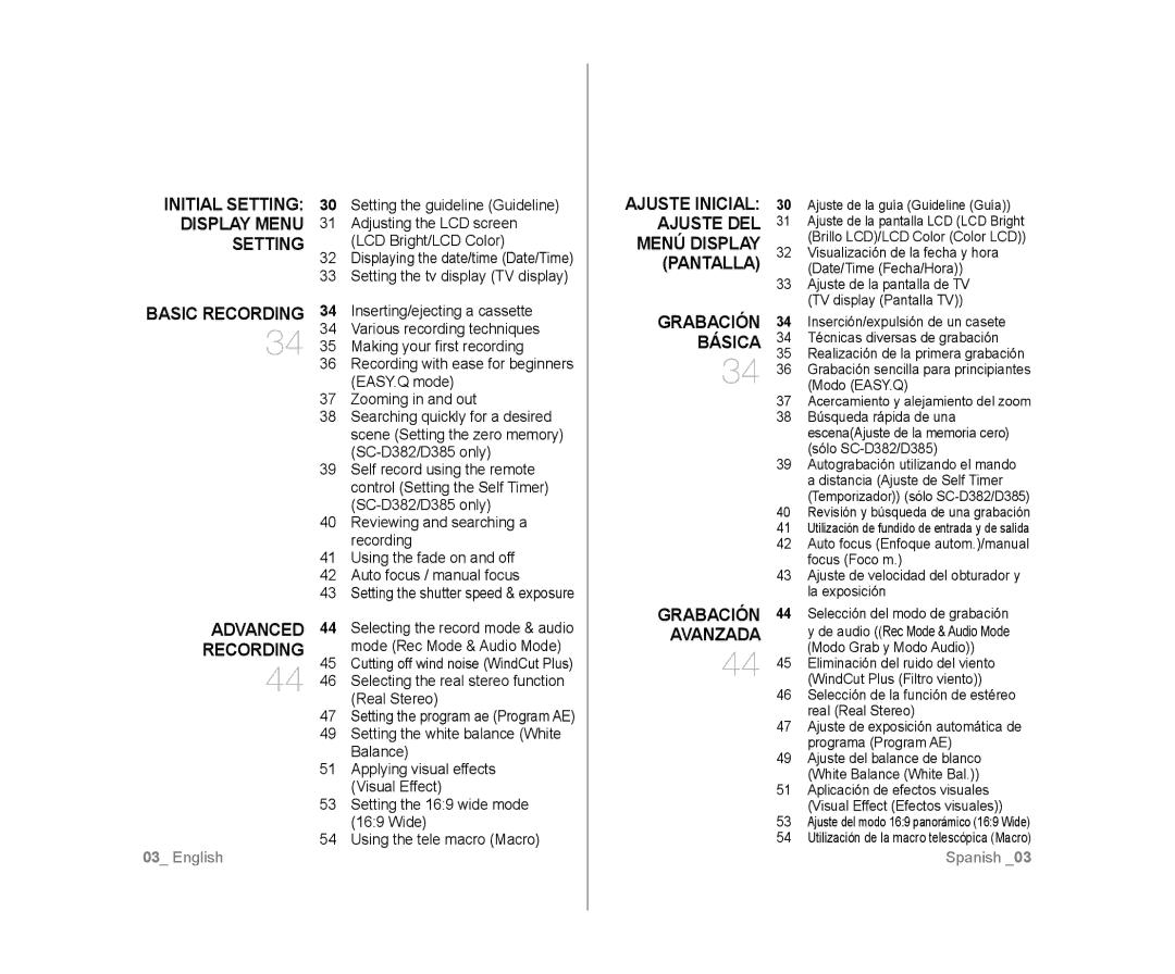 Samsung SC-D383, SC-D385 Grabación Básica, Ajuste de la guía Guideline Guía, Revisión y búsqueda de una grabación 