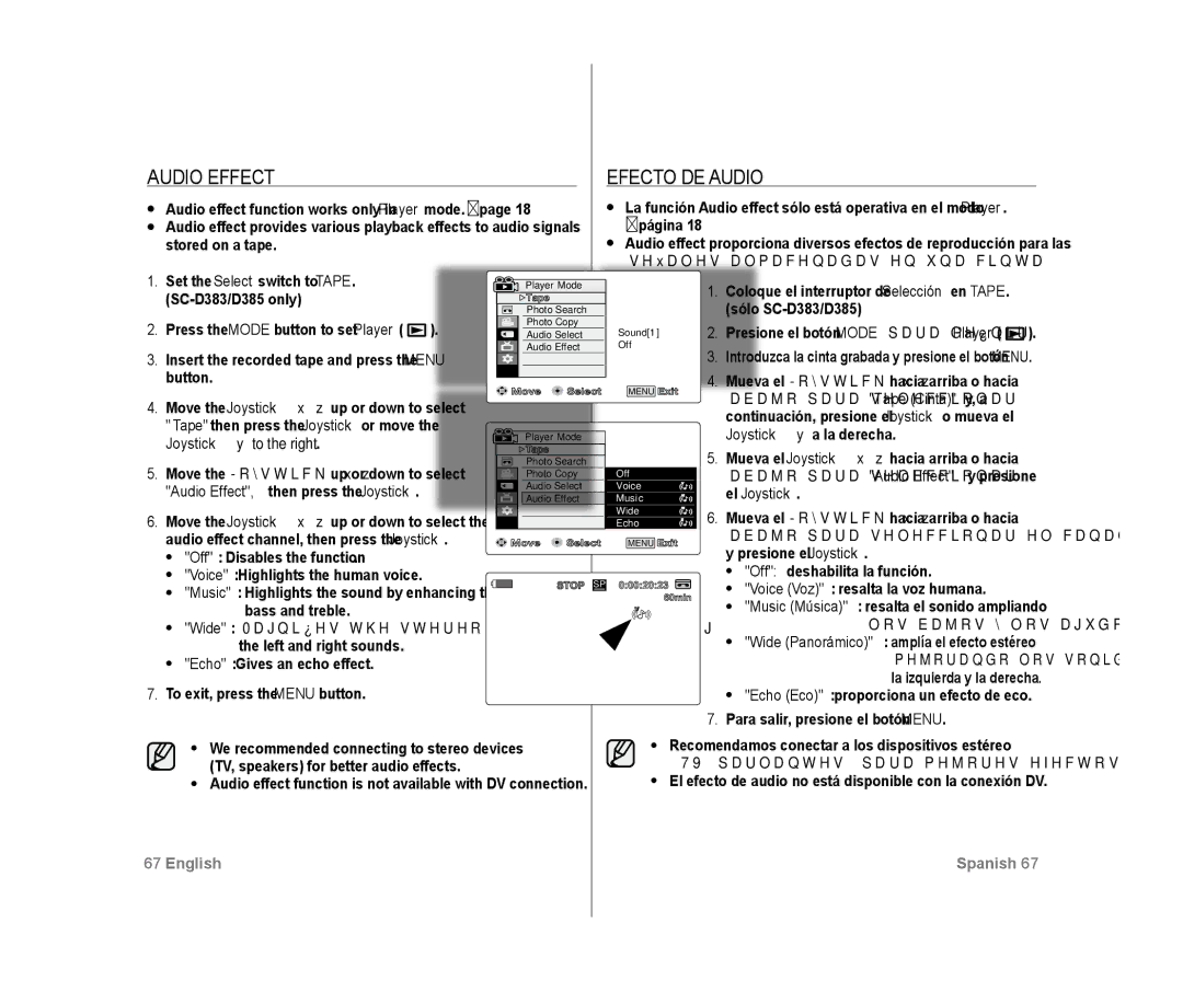 Samsung SC-D383, SC-D385 user manual Audio Effect, Efecto DE Audio, Echo Gives an echo effect To exit, press the Menu button 