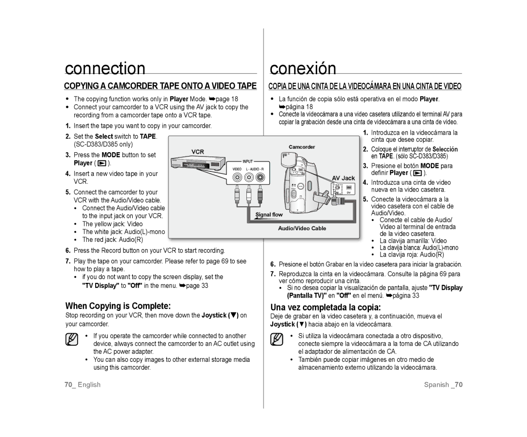 Samsung SC-D385, SC-D383 Connection Conexión, Copying a Camcorder Tape onto a Video Tape, When Copying is Complete 