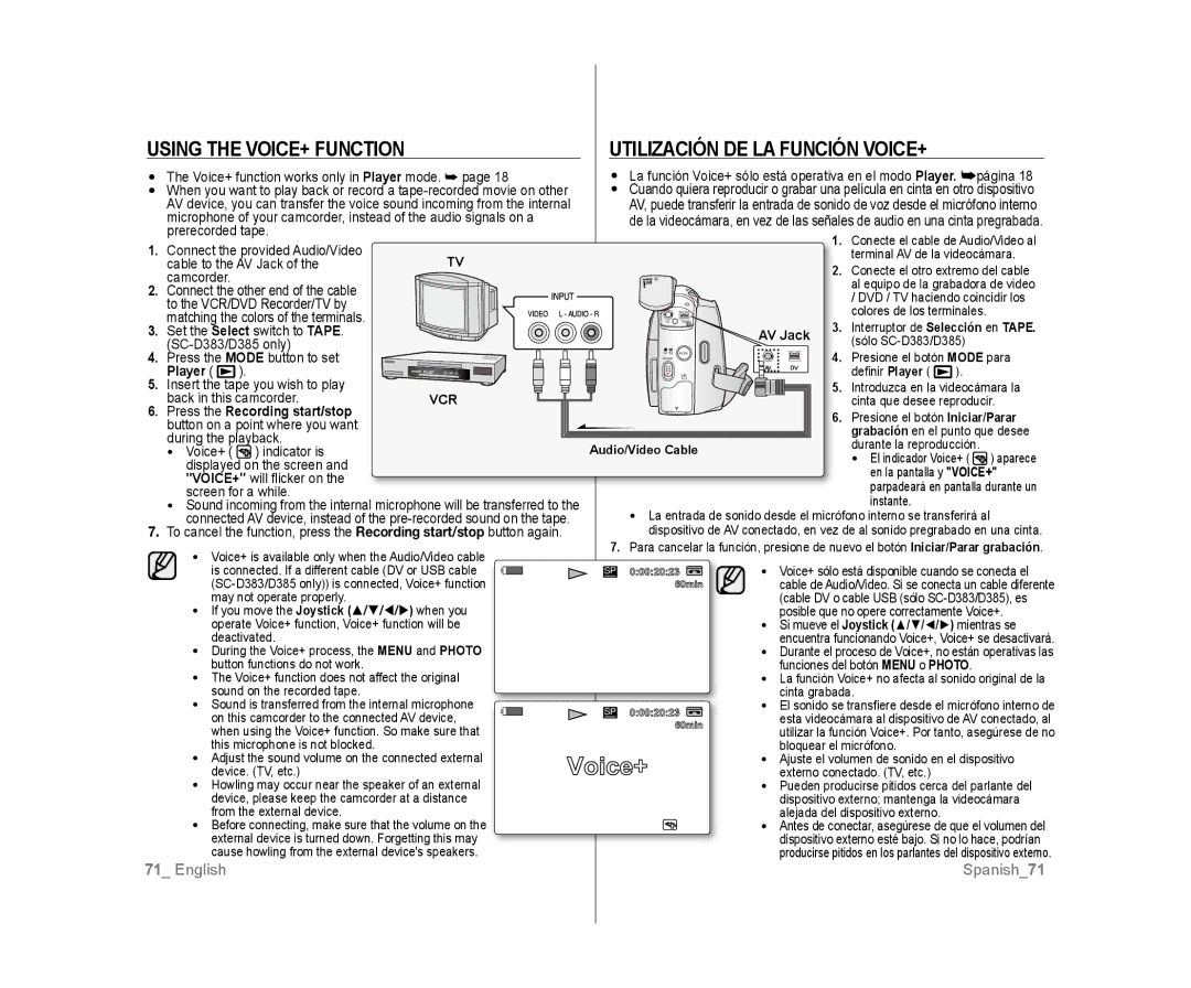 Samsung SC-D383, SC-D385 user manual Using the VOICE+ Function, Utilización DE LA Función VOICE+ 