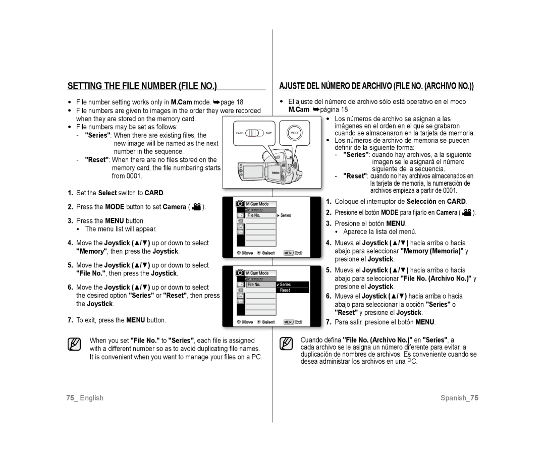 Samsung SC-D383 Setting the File Number File No, Ajuste DEL Número DE Archivo File NO. Archivo No, Presione el Joystick 