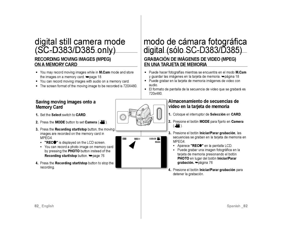 Samsung SC-D385, SC-D383 user manual Recording Moving Images Mpeg on a Memory Card, Saving moving images onto a Memory Card 