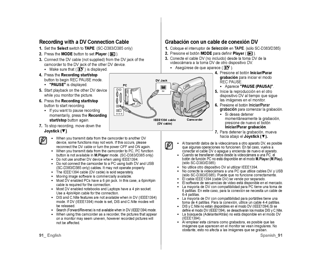 Samsung SC-D383, SC-D385 user manual Press the Recording start/stop, Aparece Pause Pausa, Iniciar/Parar grabación 