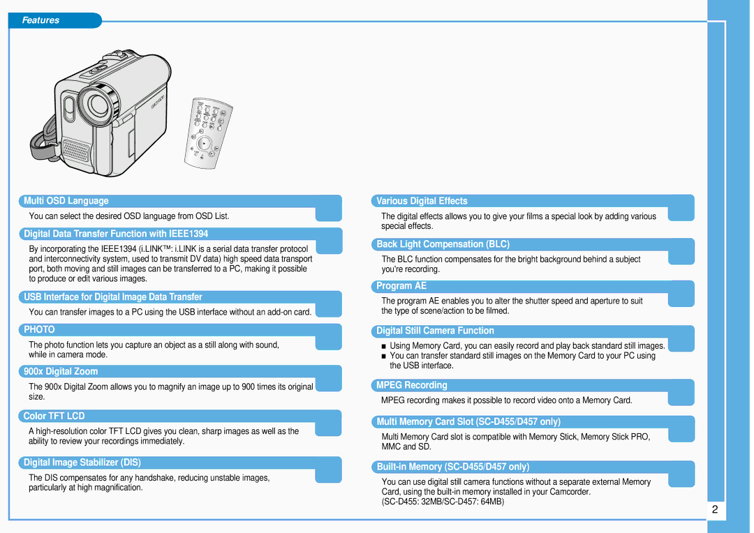 Samsung SC-D453, SC-D457, SC-D455 manual Features, Digital Data Transfer Function with IEEE1394 