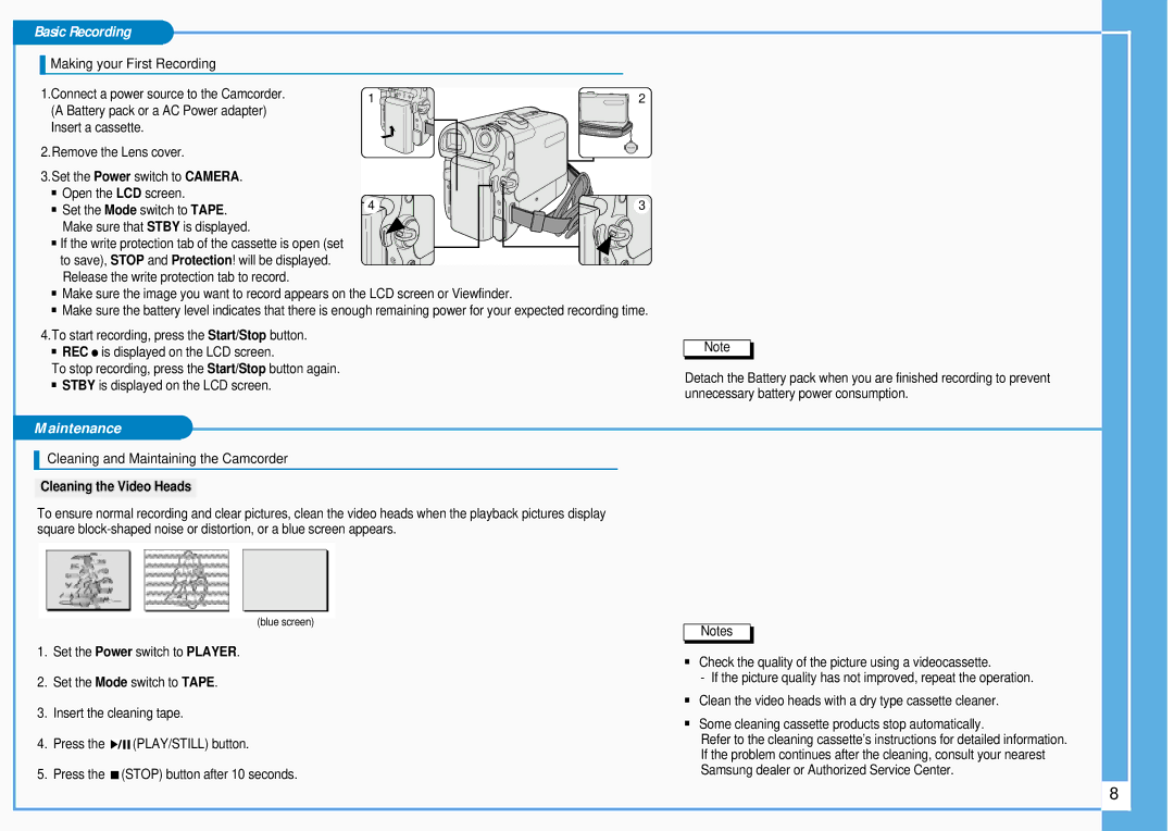 Samsung SC-D453 Maintenance, Making your First Recording, Cleaning and Maintaining the Camcorder, Cleaning the Video Heads 