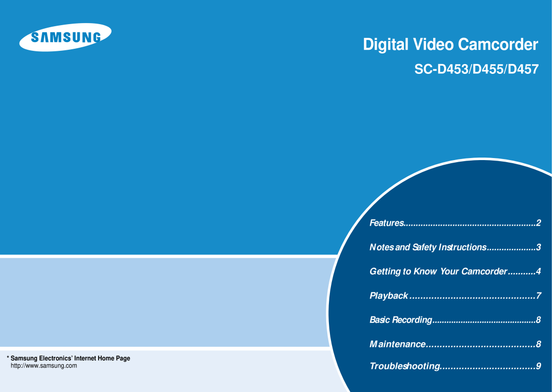 Samsung SC-D455 manual Digital Video Camcorder, SC-D453/D455/D457, Playback, Maintenance, Troubleshooting, Features 