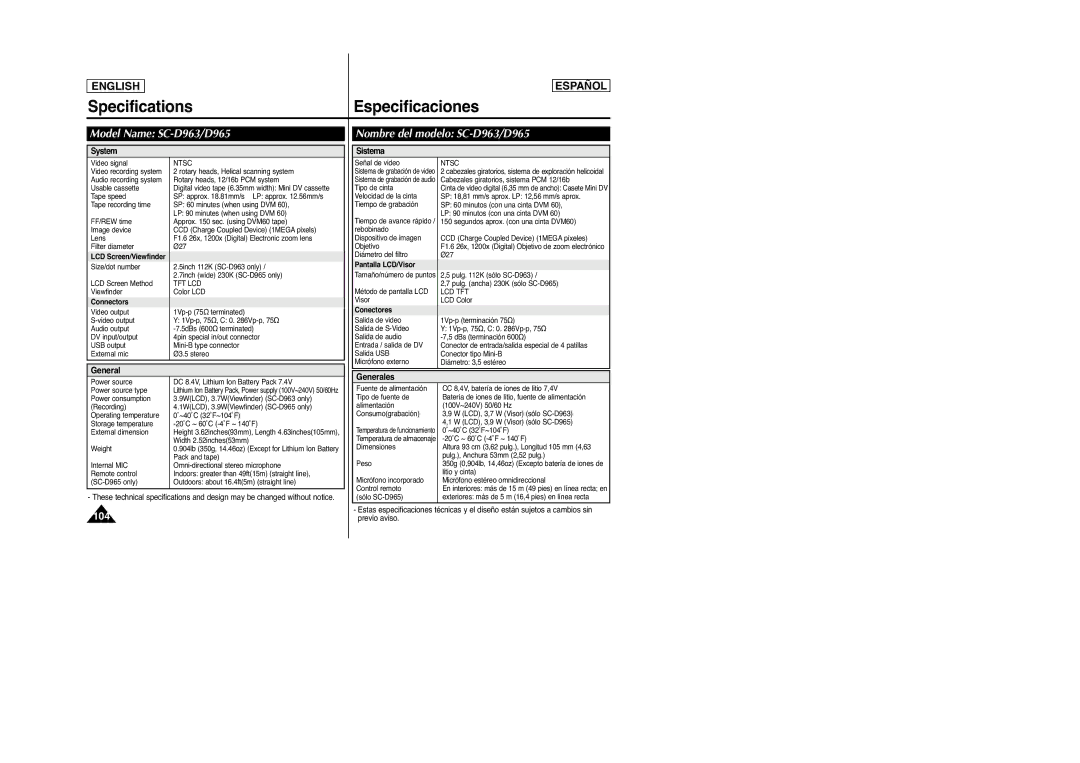 Samsung manual SpecificationsEspecificaciones, Model Name SC-D963/D965, Nombre del modelo SC-D963/D965 