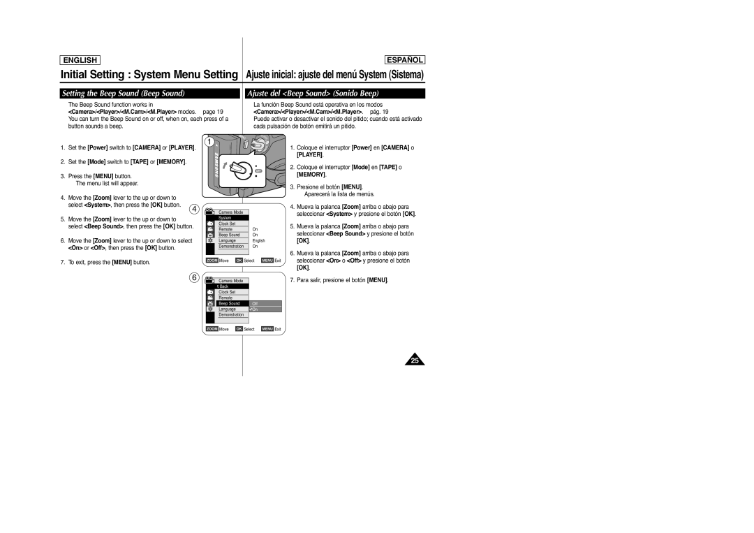 Samsung D965, SC-D963 manual Setting the Beep Sound Beep Sound, Ajuste del Beep Sound Sonido Beep 