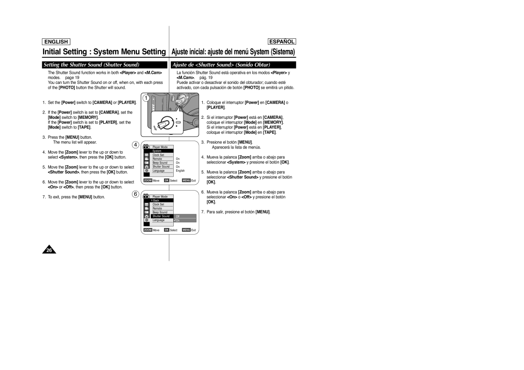 Samsung SC-D963, D965 manual Setting the Shutter Sound Shutter Sound, Ajuste de Shutter Sound Sonido Obtur 