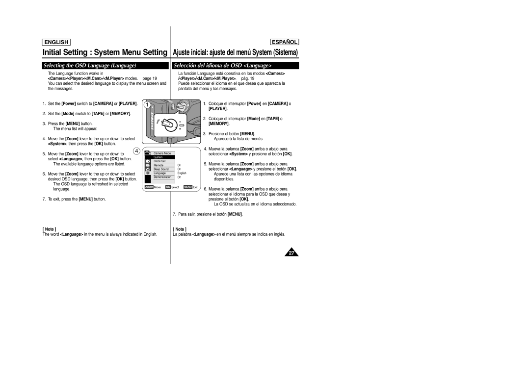 Samsung D965, SC-D963 manual Selecting the OSD Language Language, Selección del idioma de OSD Language 