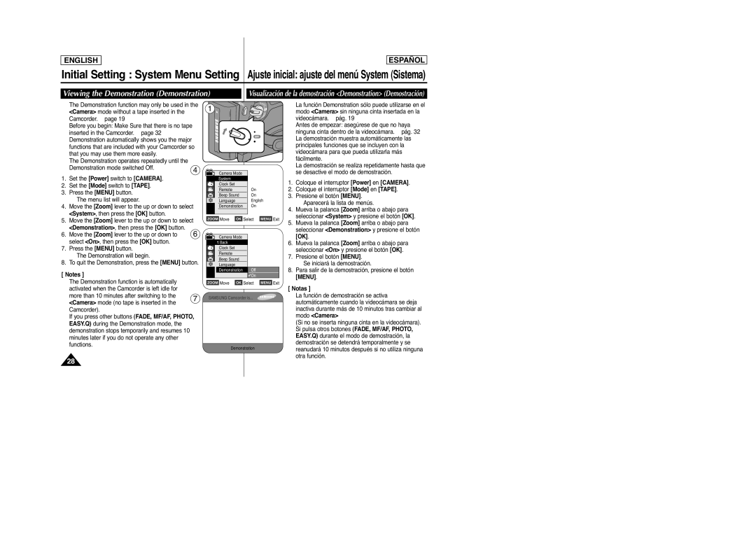 Samsung SC-D963, D965 manual Initial Setting System Menu Setting, Viewing the Demonstration Demonstration 