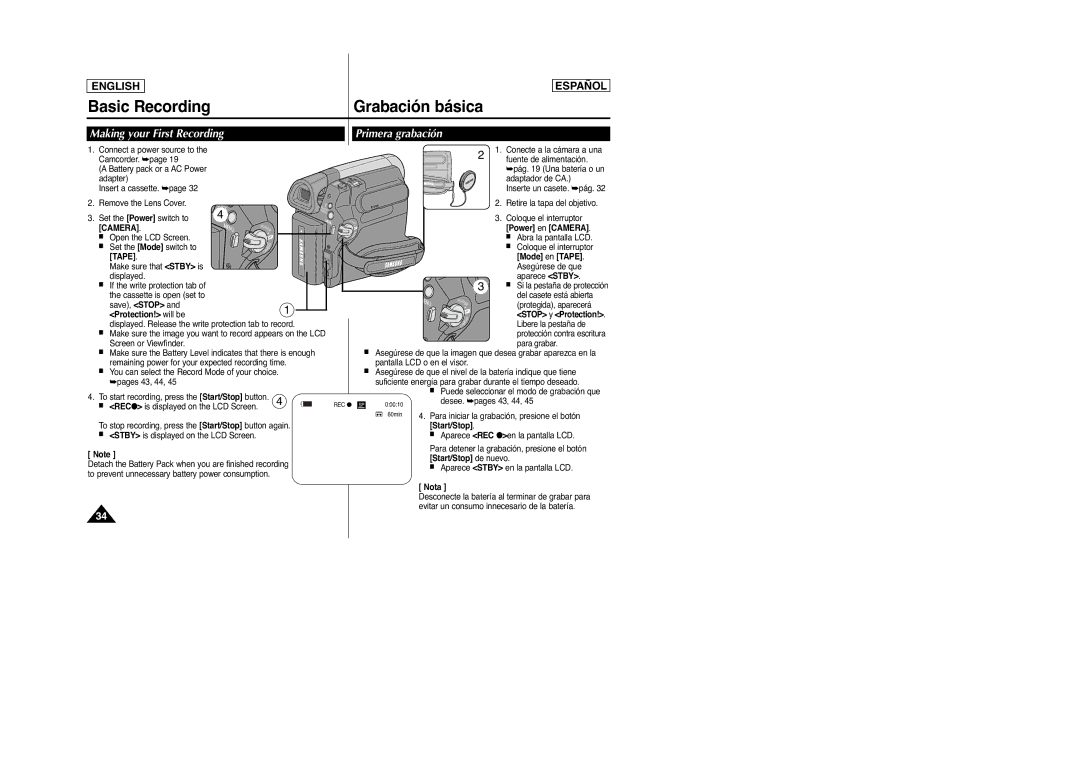 Samsung SC-D963, D965 manual Making your First Recording Primera grabación 