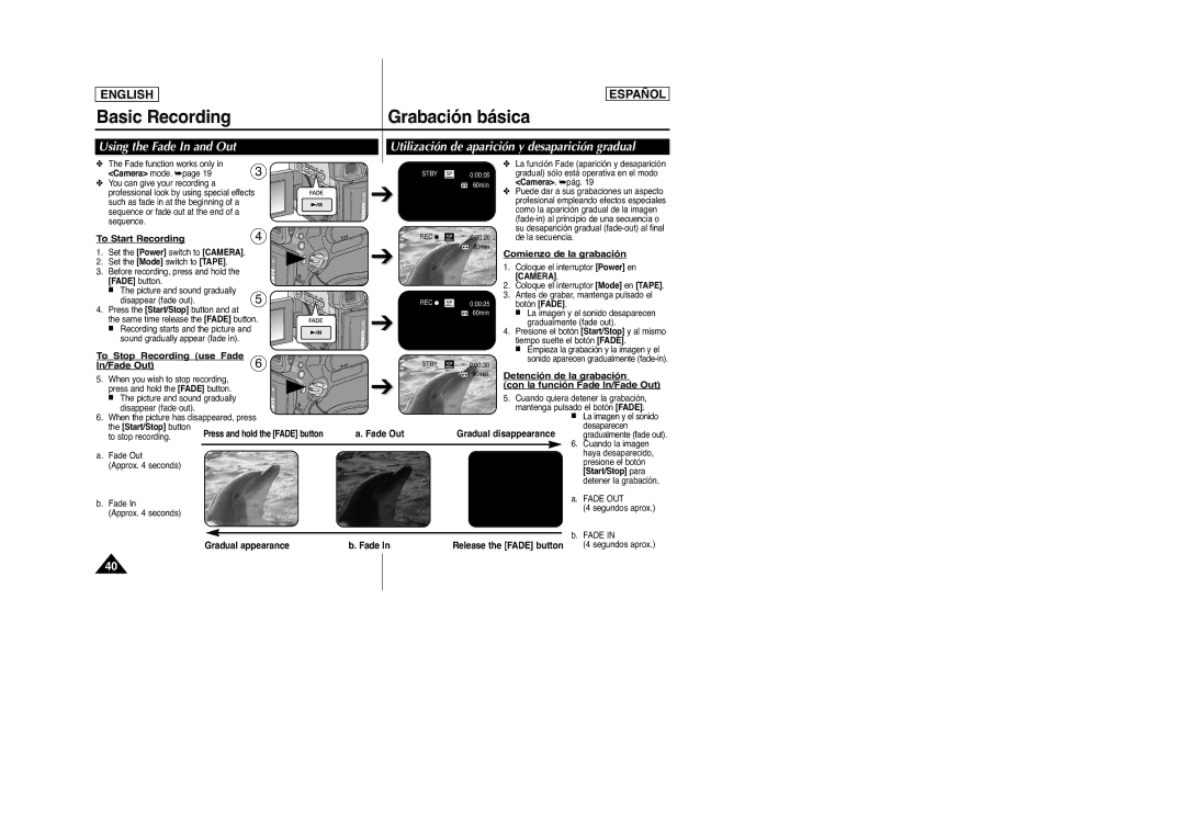 Samsung SC-D963, D965 To Start Recording, To Stop Recording use Fade In/Fade Out, Comienzo de la grabación, Fade button 