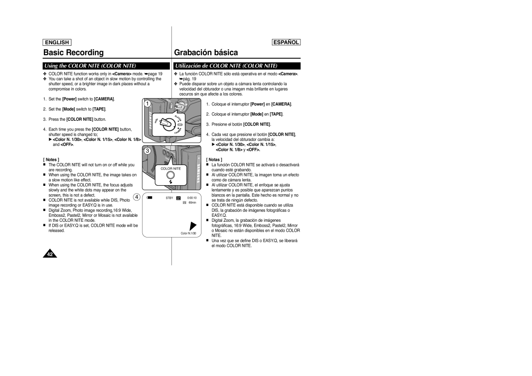 Samsung SC-D963, D965 manual Using the Color Nite Color Nite, Utilización de Color Nite Color Nite 