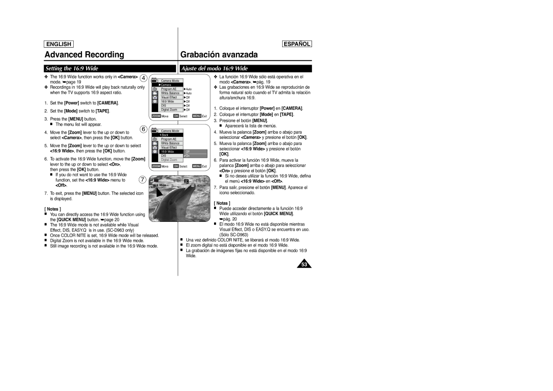 Samsung D965, SC-D963 manual Setting the 169 Wide Ajuste del modo 169 Wide, El menú 169 Wide en Off 