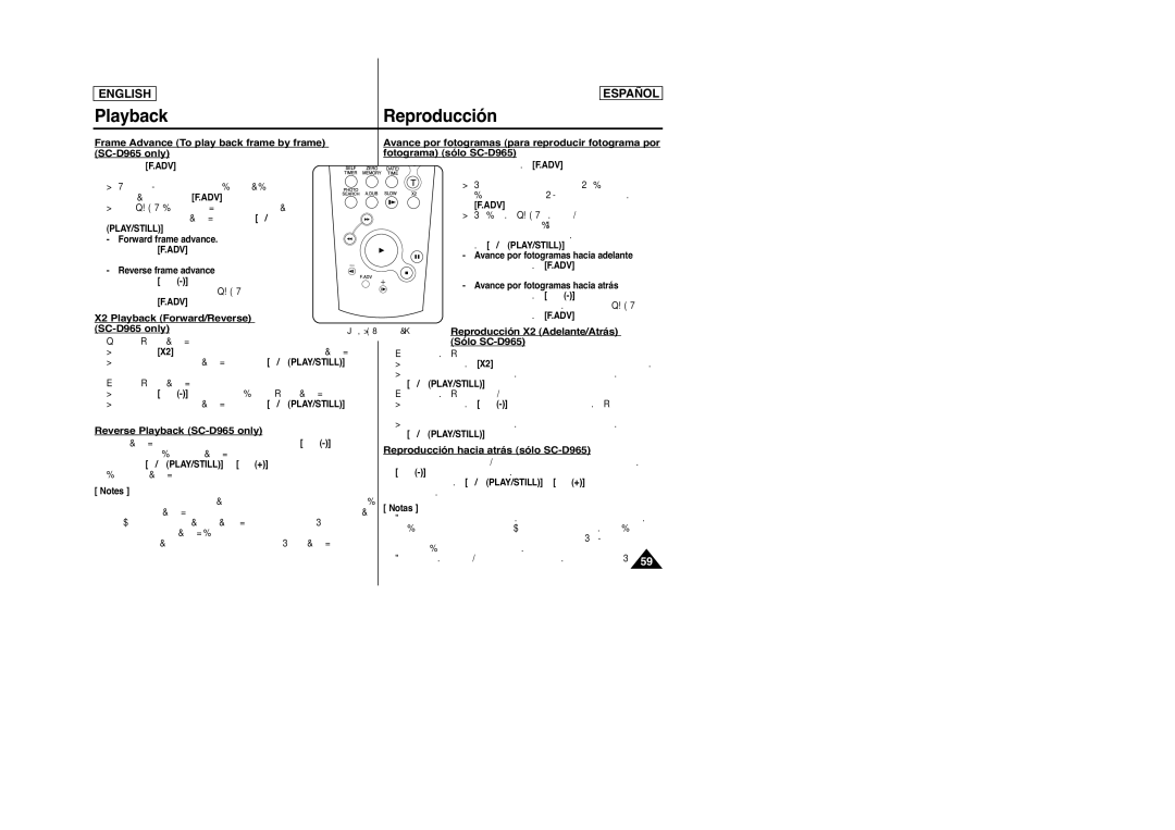 Samsung SC-D963 manual X2 Playback Forward/Reverse, Reproducción X2 Adelante/Atrás, Reverse Playback SC-D965 only 