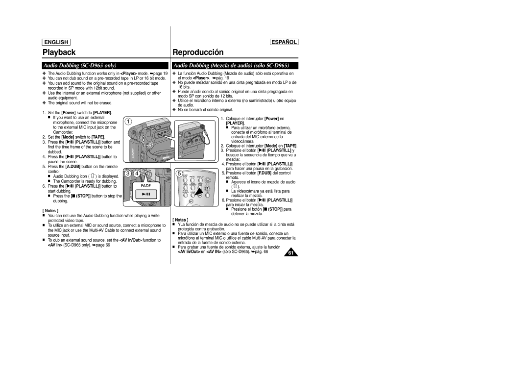 Samsung manual Audio Dubbing SC-D965 only, Audio Dubbing Mezcla de audio sólo SC-D965, Presione el botón √ / PLAY/STILL 