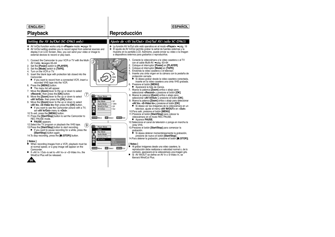 Samsung SC-D963 Setting the AV In/Out SC-D965 only, Ajuste de AV In/Out Ent/Sal AV sólo SC-D965, Set AV In/Out menu to Out 